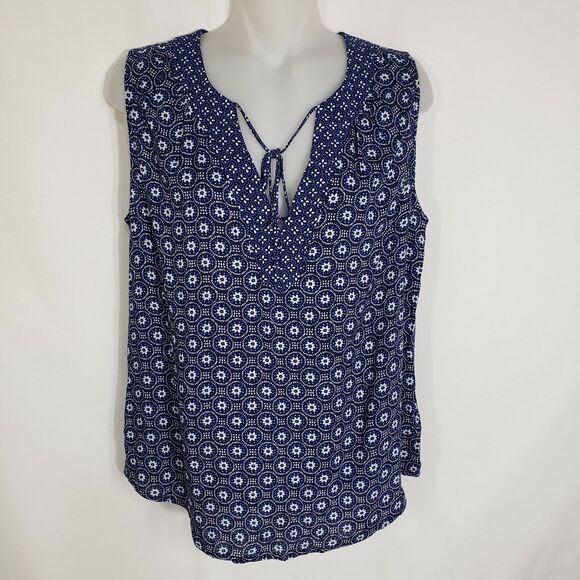 Old Navy Womens Tank Top Sz Small Printed Sleeveless Tile Blue V Tie Neck Rayon - Picture 9 of 9